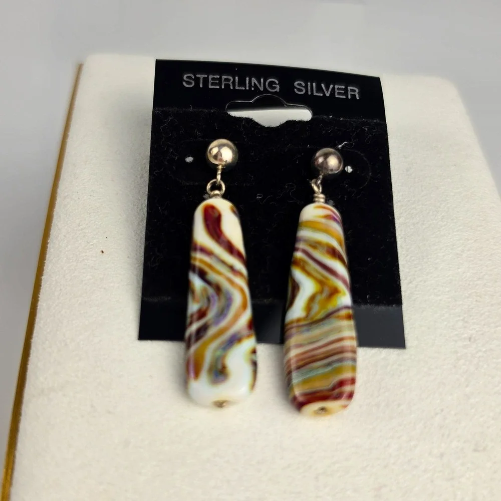 New Sterling Silver Muti Color Banded Agate Dangle Earrings Striped Elongated